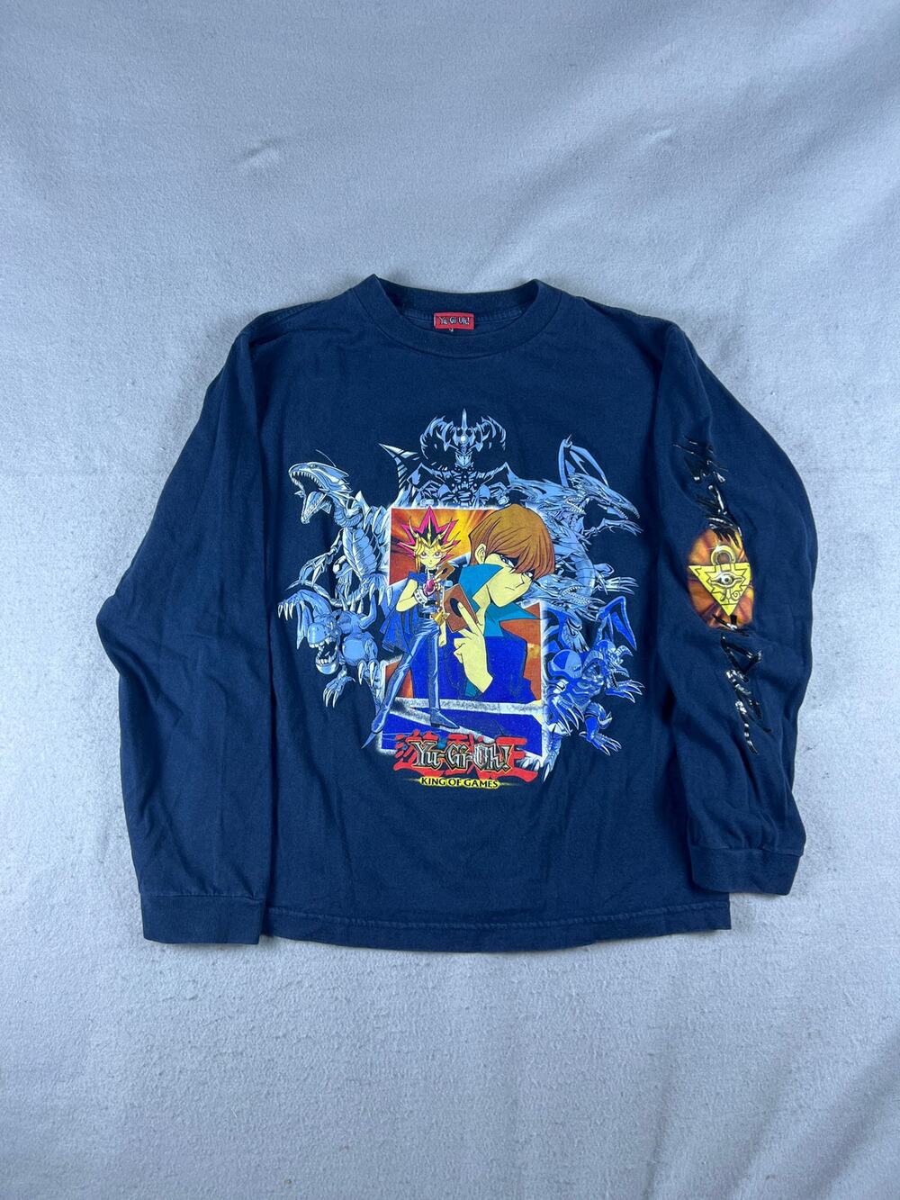 Vintage Y2K Yu-Gi-Oh! T Shirt Youth M Blue Long Sleeve Yugi Kaiba King of Games